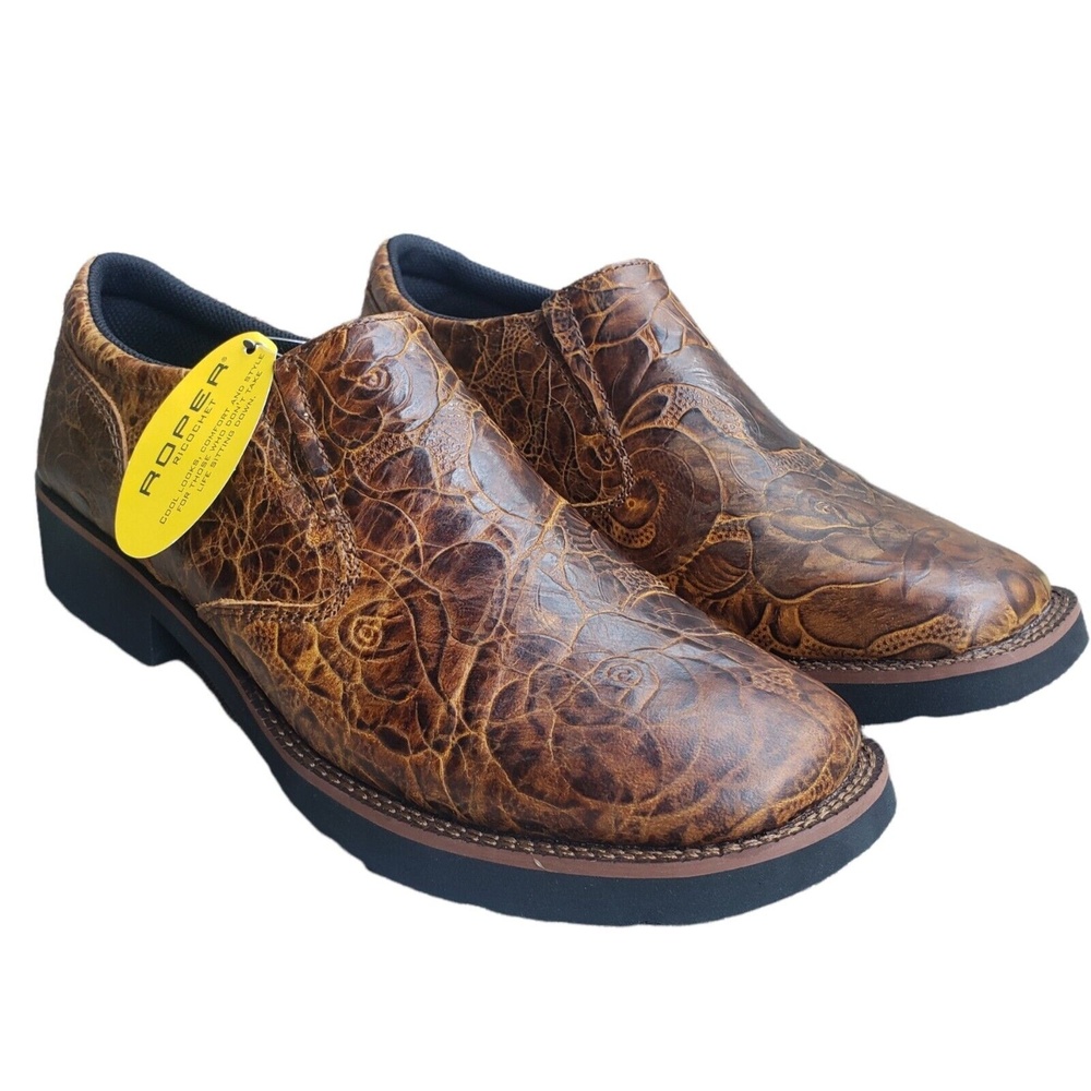 Roper Ricochet Boots Womens 9.5 Tooled Leather Square Shoes Ankle Loafer Floral